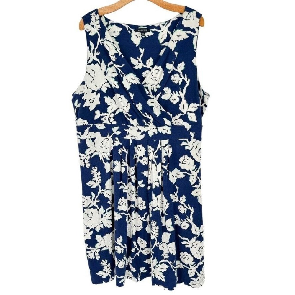 Lands End blue white Floral Sleeveless Knit Sheath Dress size 2x Plus womens
